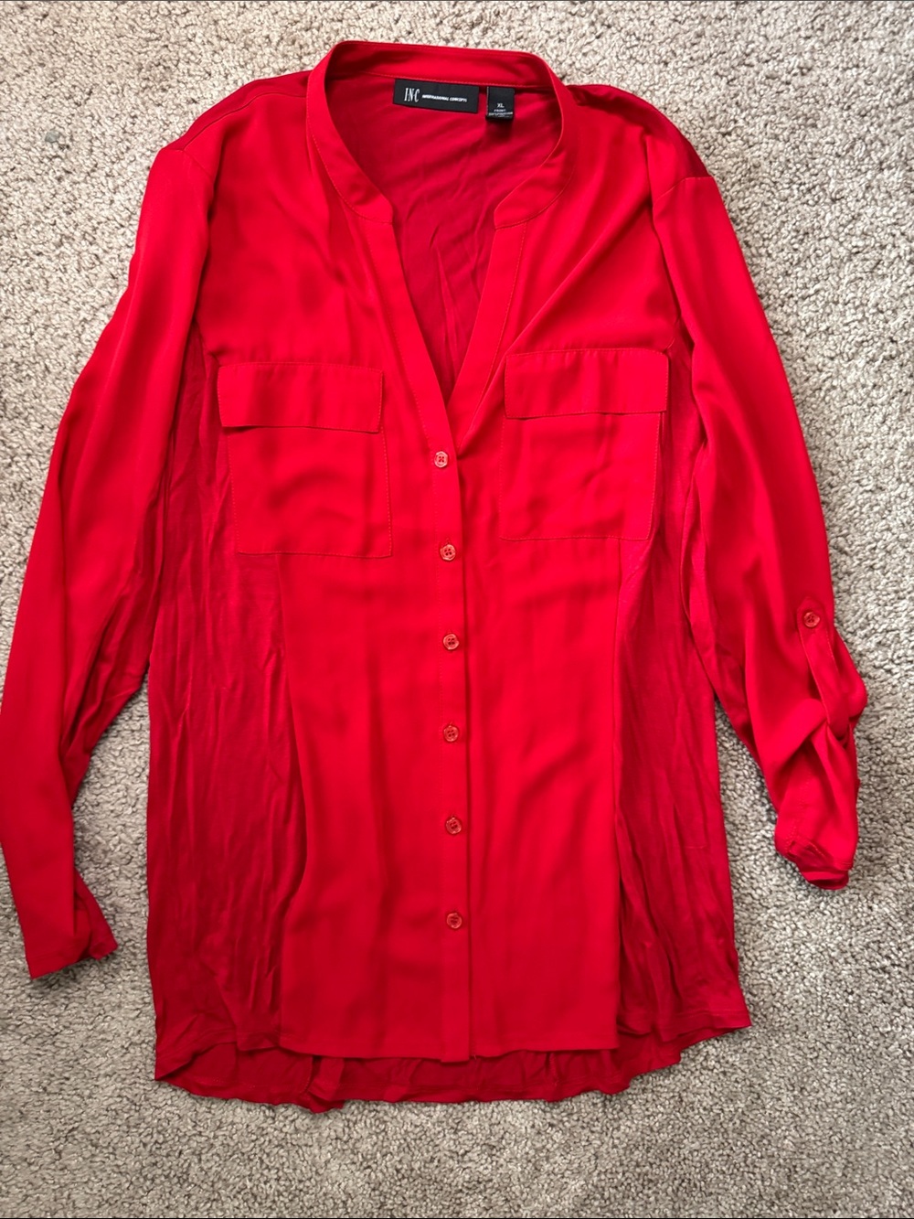 INC International Concepts Red Button-Front Tunic Blouse